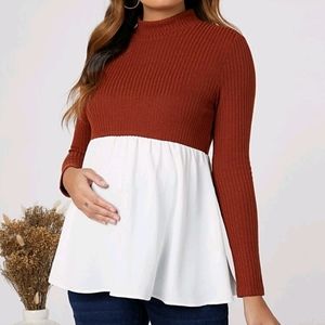 Maternity mock neck mixed media peplum top